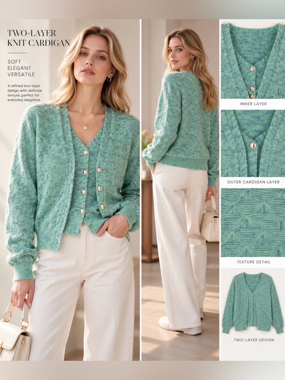 Designed Two-Layer Knit Cardigan in Seafoam Green - Classic Layered Style